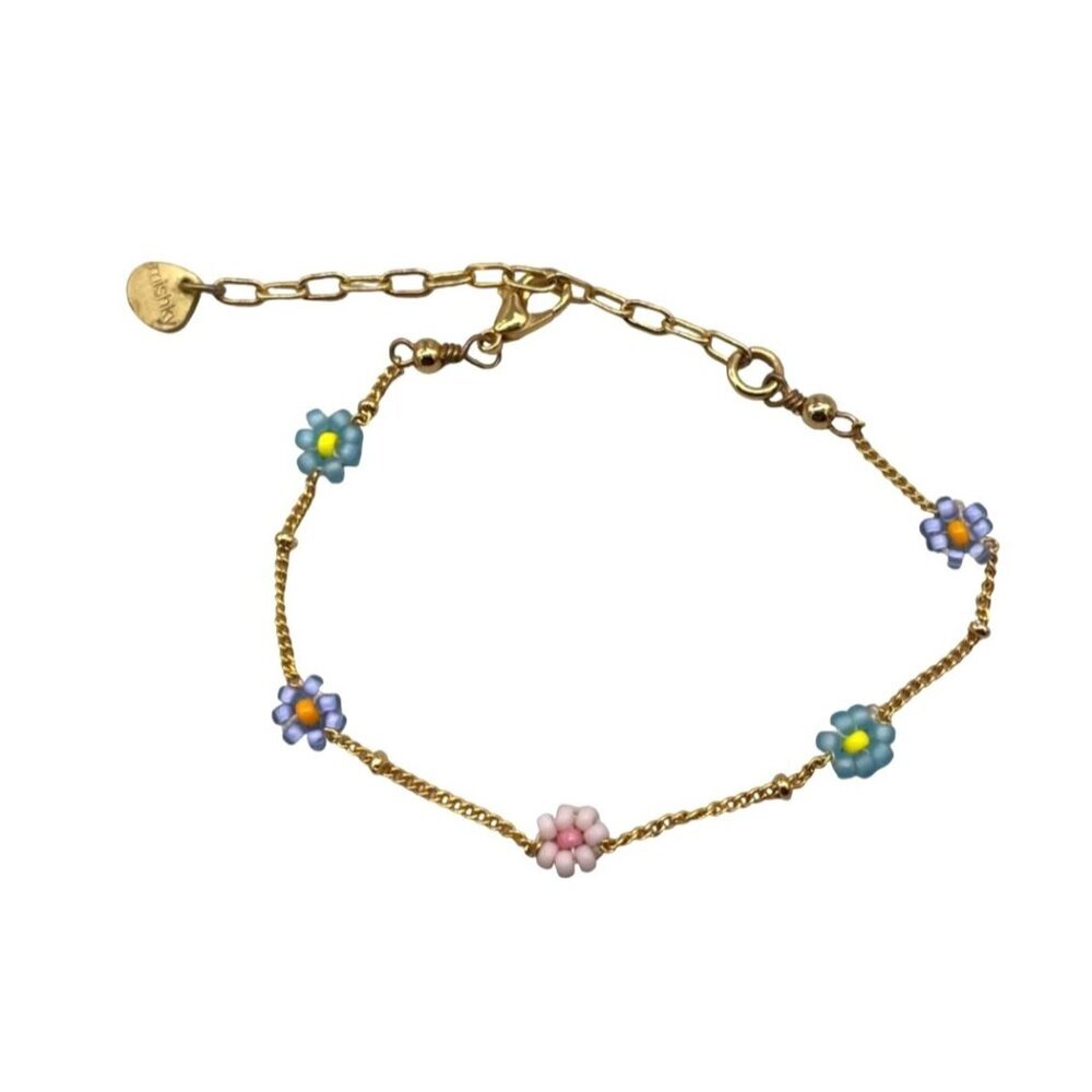Mishky Multicolor Beaded Flower Chain Bangle Bracelet Gold Tone Soft Girl
